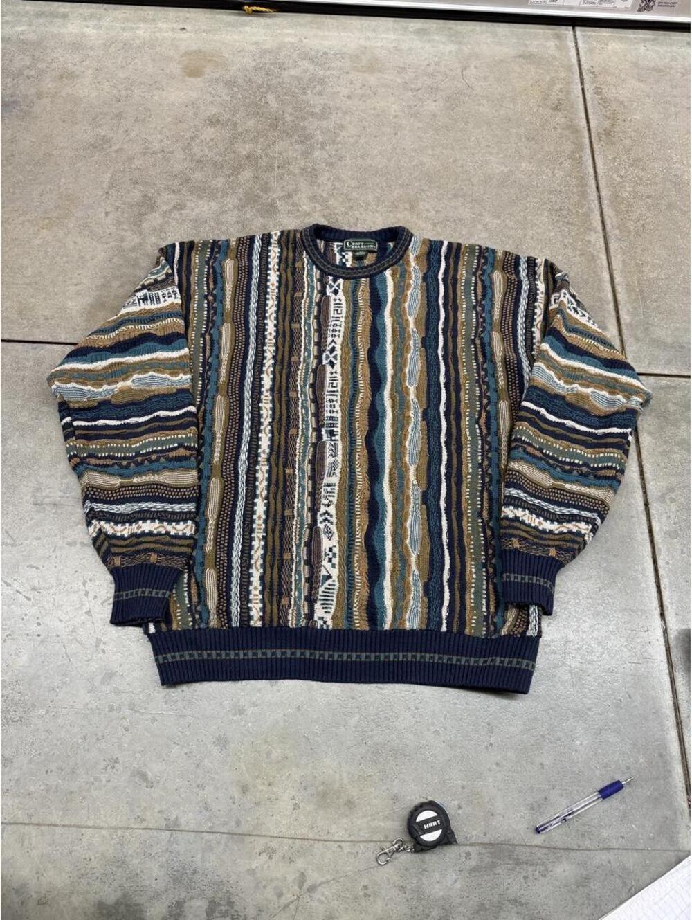 vintage croft and barrow beige tan and white coogi style knit sweater size xl